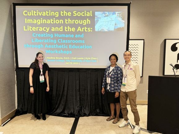 Nadine Bryce, Kyle Zhen and Cali Leeds stand in front of presentation at the National Council of Teachers of English annual meeting.