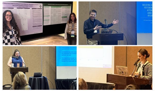 Applied Behavior Analysis students present their research at a conference in front of posters and powerpoint presentations.